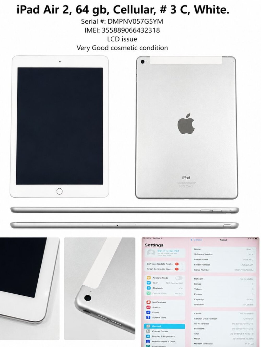 iPad Air 2 64GB Cellular White Fully Functional LCD Issue #3C